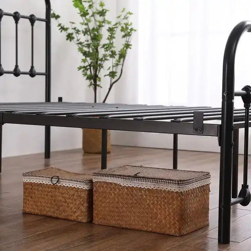 Iron Bed Frame with Shell Headboard Detail and Slat Support – Black, Twin / Full / Queen