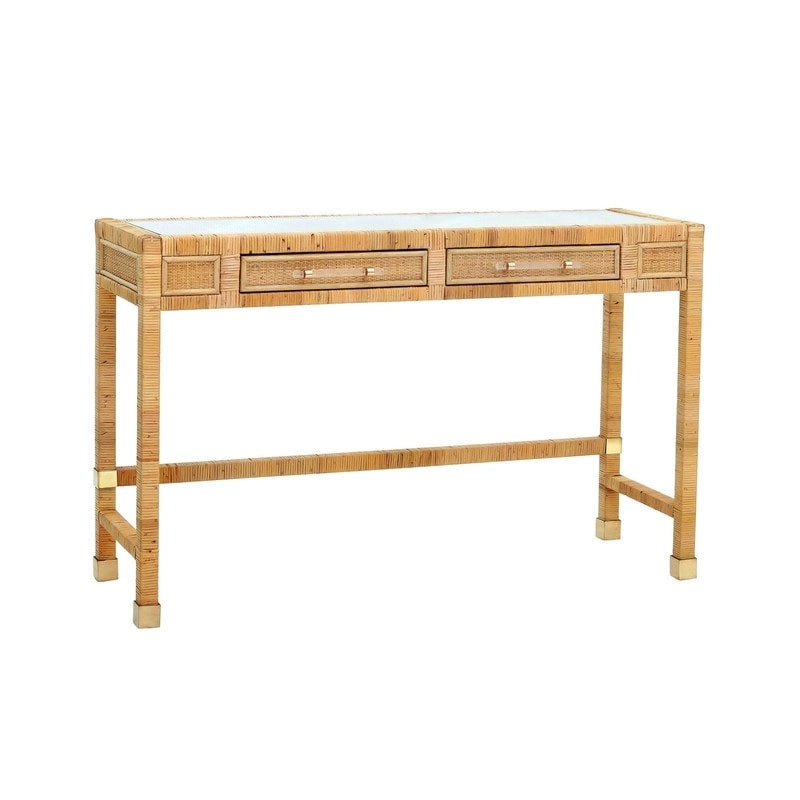 Rattan Desk with Glass Tabletop and 2 Soft-Close Drawers – Natural / Charcoal, 1-Person Use