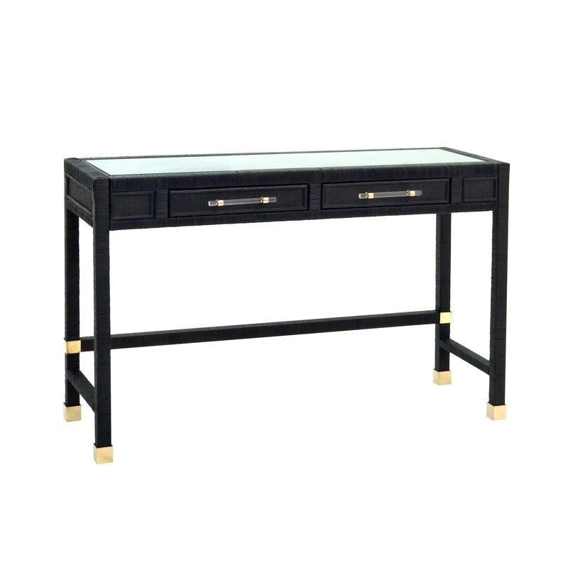 Rattan Desk with Glass Tabletop and 2 Soft-Close Drawers – Natural / Charcoal, 1-Person Use