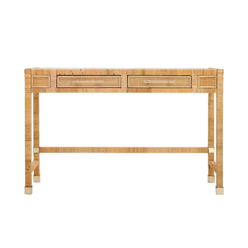 Rattan Desk with Glass Tabletop and 2 Soft-Close Drawers – Natural / Charcoal, 1-Person Use