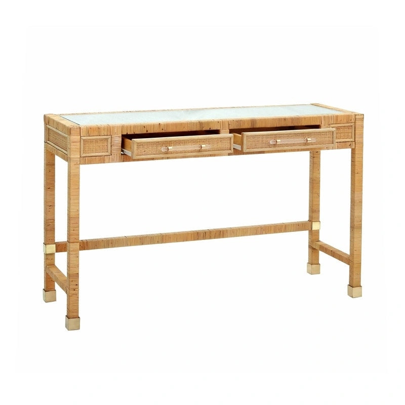 Rattan Desk with Glass Tabletop and 2 Soft-Close Drawers – Natural / Charcoal, 1-Person Use