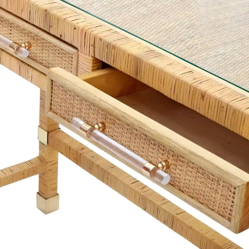Rattan Desk with Glass Tabletop and 2 Soft-Close Drawers – Natural / Charcoal, 1-Person Use