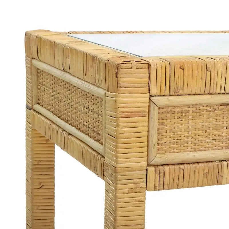 Rattan Desk with Glass Tabletop and 2 Soft-Close Drawers – Natural / Charcoal, 1-Person Use