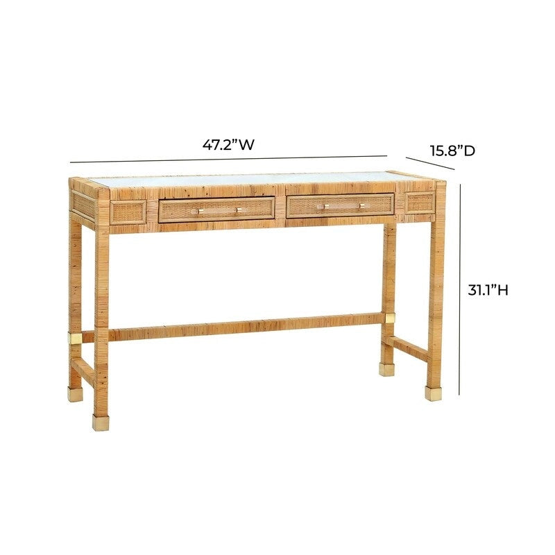 Rattan Desk with Glass Tabletop and 2 Soft-Close Drawers – Natural / Charcoal, 1-Person Use