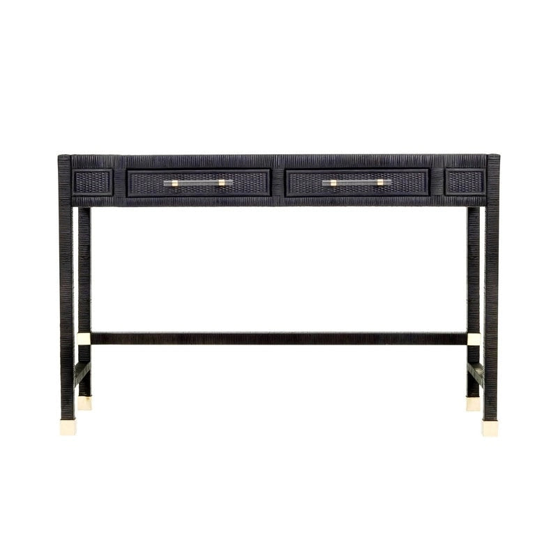 Rattan Desk with Glass Tabletop and 2 Soft-Close Drawers – Natural / Charcoal, 1-Person Use