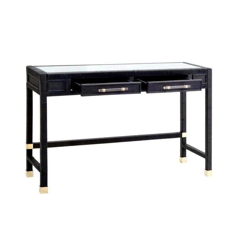 Rattan Desk with Glass Tabletop and 2 Soft-Close Drawers – Natural / Charcoal, 1-Person Use