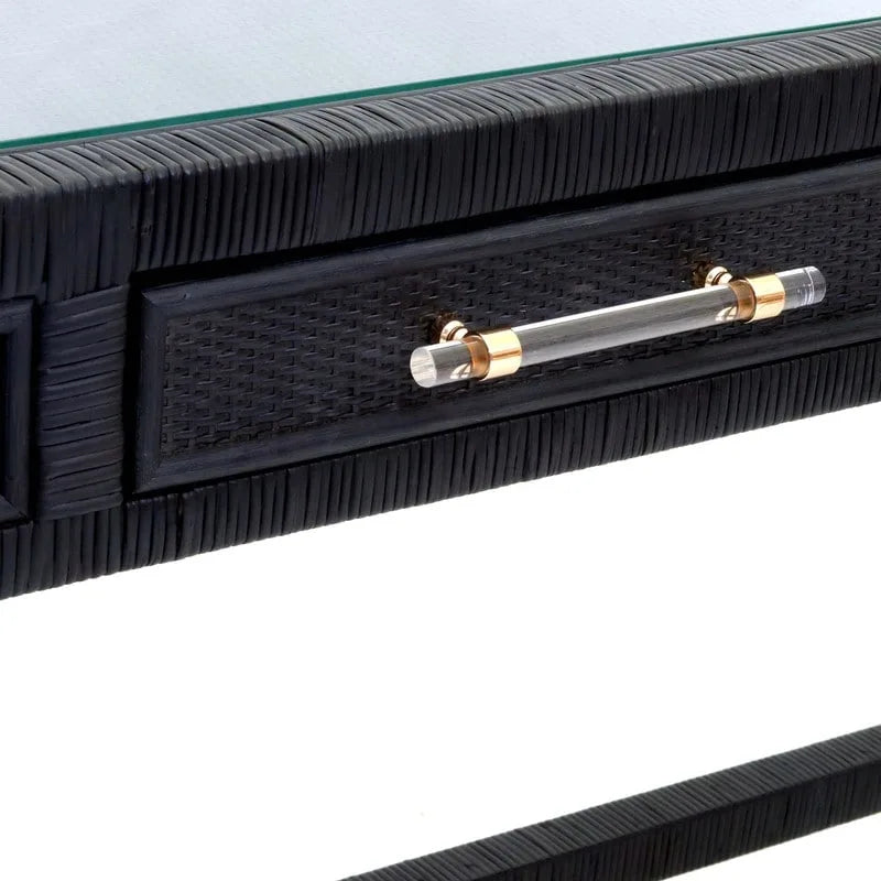 Rattan Desk with Glass Tabletop and 2 Soft-Close Drawers – Natural / Charcoal, 1-Person Use