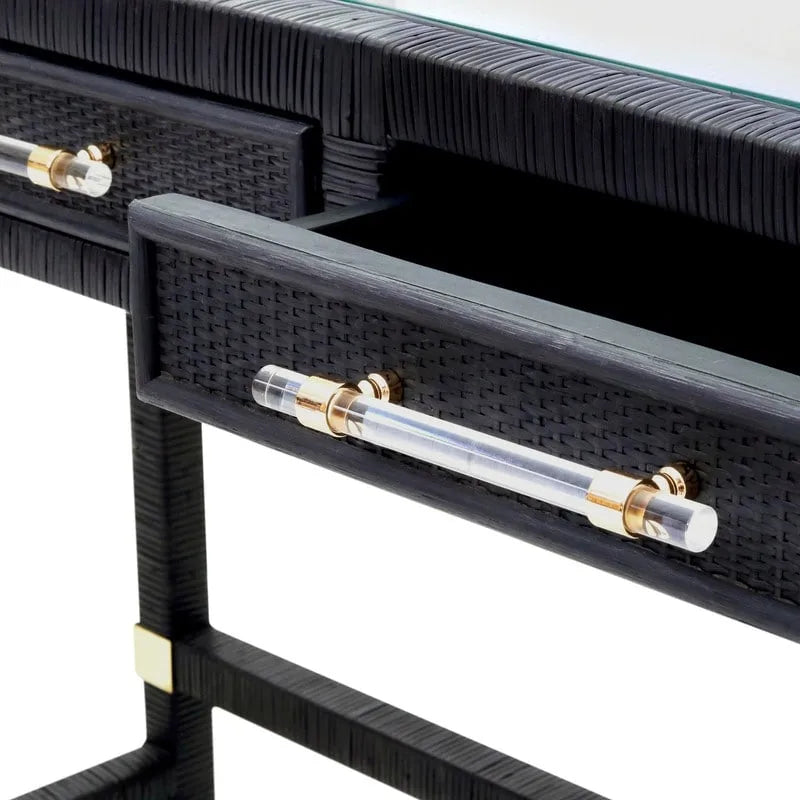 Rattan Desk with Glass Tabletop and 2 Soft-Close Drawers – Natural / Charcoal, 1-Person Use
