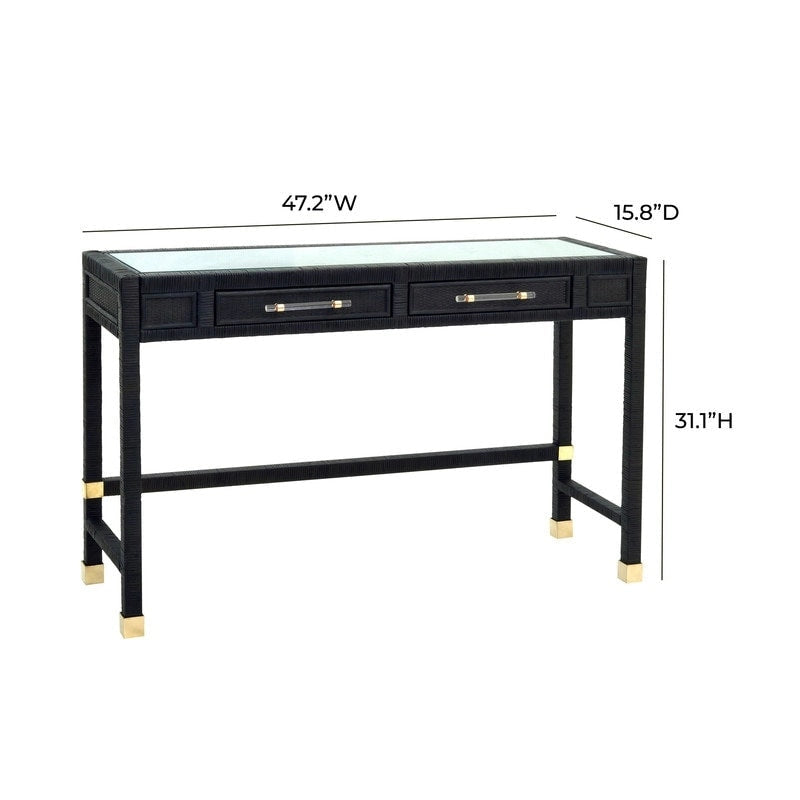Rattan Desk with Glass Tabletop and 2 Soft-Close Drawers – Natural / Charcoal, 1-Person Use