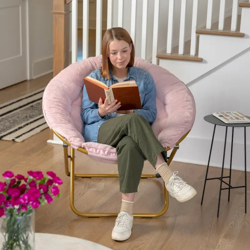 Oversized Folding Saucer Chair with Padded Upholstery and Steel Frame – Gray/Soft Gold / Black / Dusty Aqua/Soft Gold / Ivory/Soft Gold / Blush/Soft Gold / Dusty Purple/Soft Gold / Emerald / Emerald/Soft Gold, 1-Person Use
