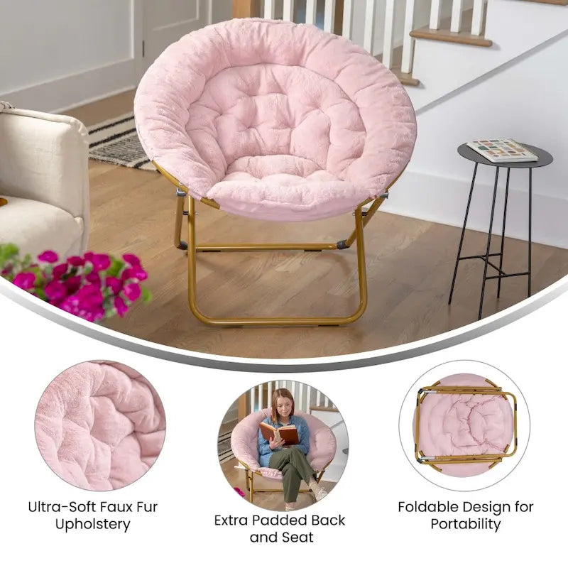 Oversized Folding Saucer Chair with Padded Upholstery and Steel Frame – Gray/Soft Gold / Black / Dusty Aqua/Soft Gold / Ivory/Soft Gold / Blush/Soft Gold / Dusty Purple/Soft Gold / Emerald / Emerald/Soft Gold, 1-Person Use