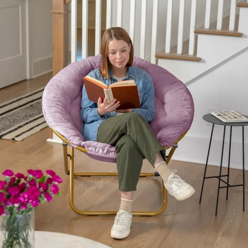 Oversized Folding Saucer Chair with Padded Upholstery and Steel Frame – Gray/Soft Gold / Black / Dusty Aqua/Soft Gold / Ivory/Soft Gold / Blush/Soft Gold / Dusty Purple/Soft Gold / Emerald / Emerald/Soft Gold, 1-Person Use