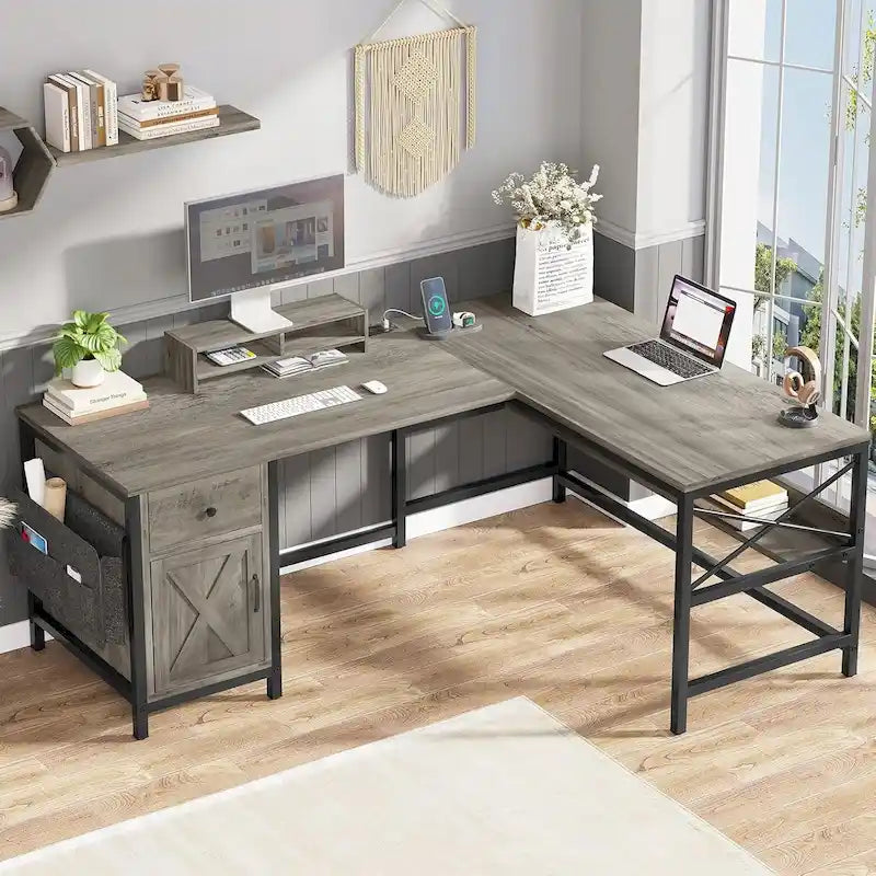 Convertible L-Shaped / Straight Computer Desk with Drawer, Cabinet, Bookshelf and Power Strip – Grey / Brown, 1-2 Person Use