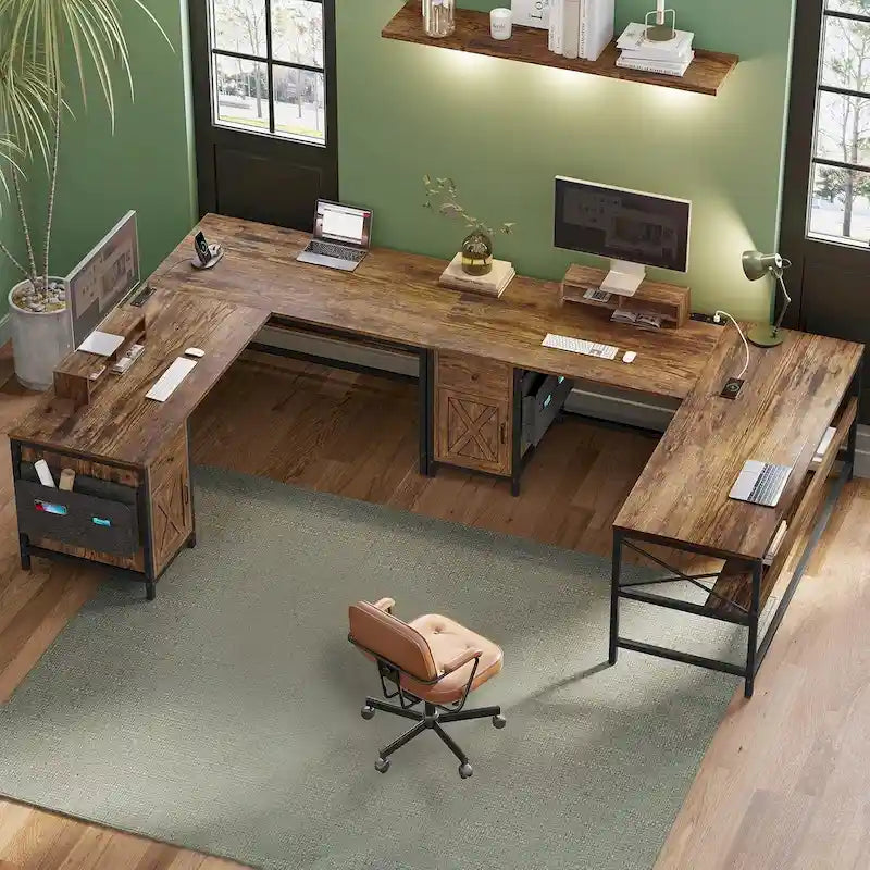 Convertible L-Shaped / Straight Computer Desk with Drawer, Cabinet, Bookshelf and Power Strip – Grey / Brown, 1-2 Person Use