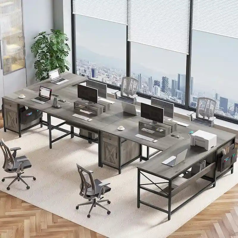 Convertible L-Shaped / Straight Computer Desk with Drawer, Cabinet, Bookshelf and Power Strip – Grey / Brown, 1-2 Person Use