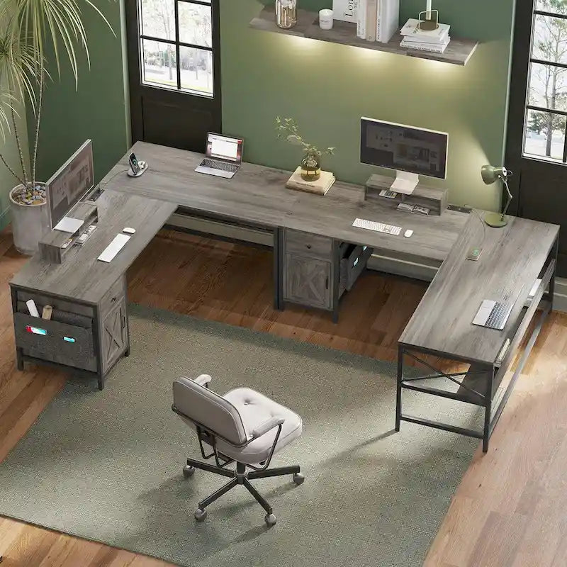 Convertible L-Shaped / Straight Computer Desk with Drawer, Cabinet, Bookshelf and Power Strip – Grey / Brown, 1-2 Person Use