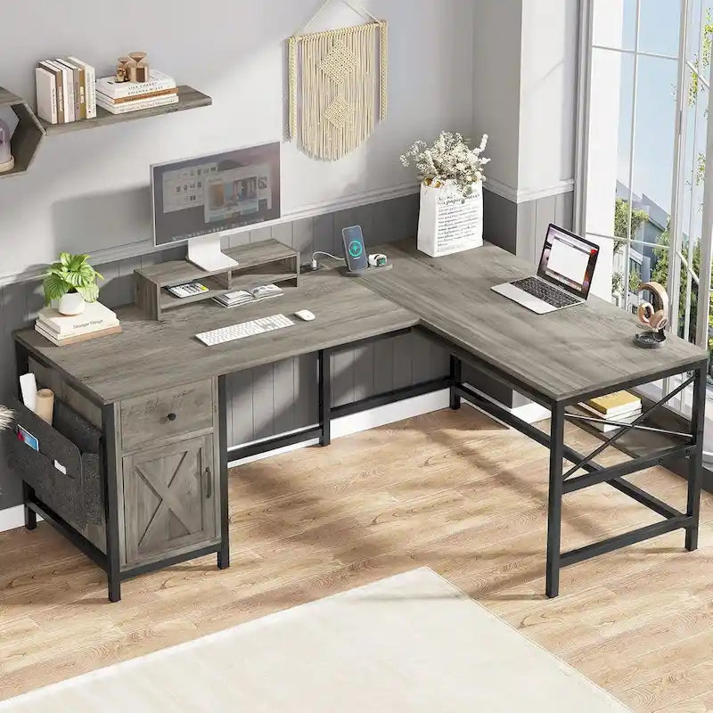 Convertible L-Shaped / Straight Computer Desk with Drawer, Cabinet, Bookshelf and Power Strip – Grey / Brown, 1-2 Person Use