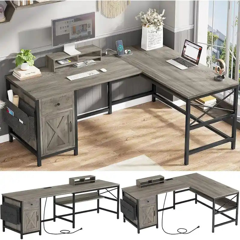 Convertible L-Shaped / Straight Computer Desk with Drawer, Cabinet, Bookshelf and Power Strip – Grey / Brown, 1-2 Person Use