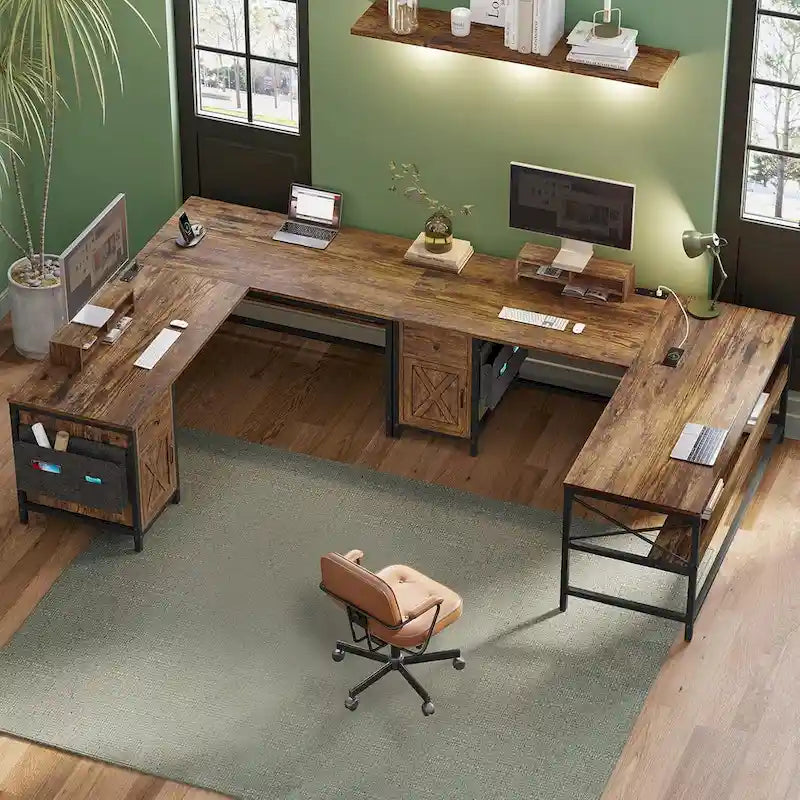 Convertible L-Shaped / Straight Computer Desk with Drawer, Cabinet, Bookshelf and Power Strip – Grey / Brown, 1-2 Person Use