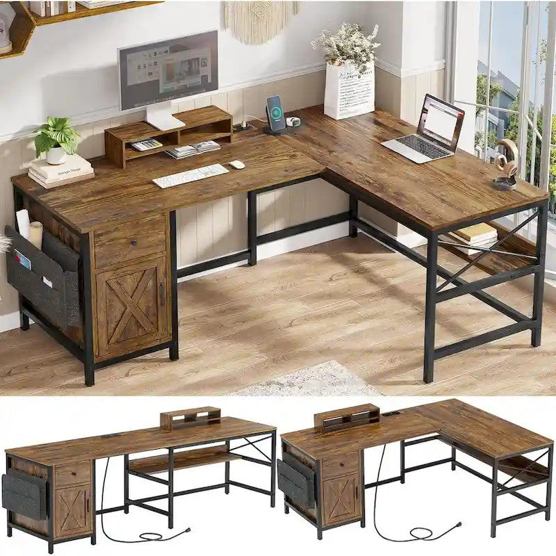 Convertible L-Shaped / Straight Computer Desk with Drawer, Cabinet, Bookshelf and Power Strip – Grey / Brown, 1-2 Person Use