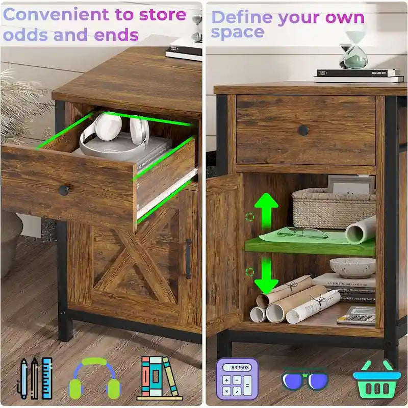 Convertible L-Shaped / Straight Computer Desk with Drawer, Cabinet, Bookshelf and Power Strip – Grey / Brown, 1-2 Person Use