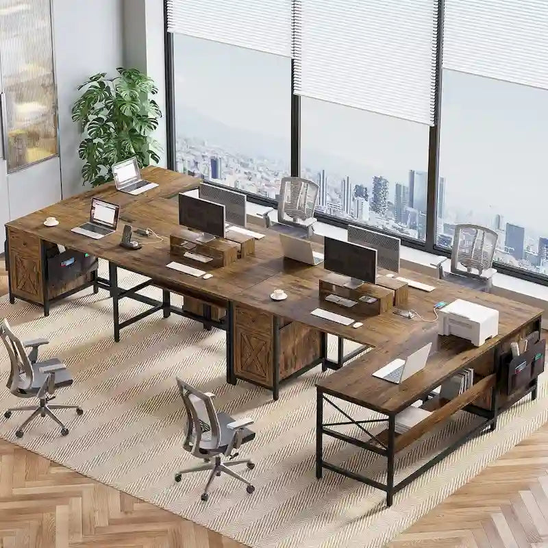 Convertible L-Shaped / Straight Computer Desk with Drawer, Cabinet, Bookshelf and Power Strip – Grey / Brown, 1-2 Person Use