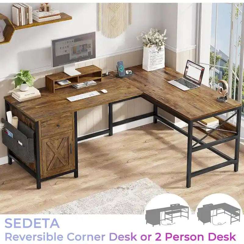 Convertible L-Shaped / Straight Computer Desk with Drawer, Cabinet, Bookshelf and Power Strip – Grey / Brown, 1-2 Person Use