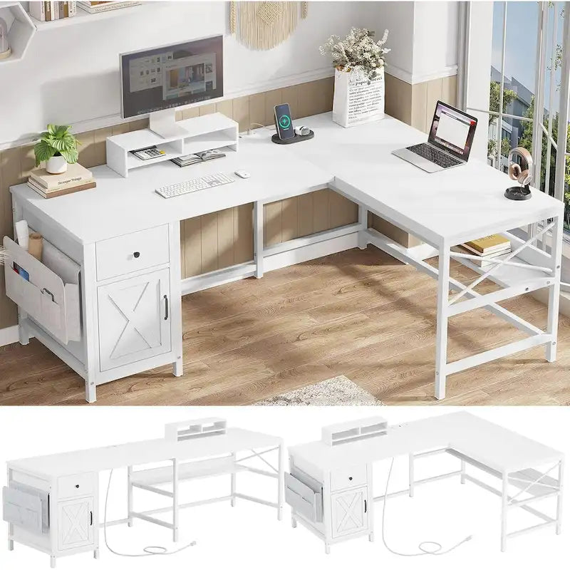 Convertible L-Shaped / Straight Computer Desk with Drawer, Cabinet, Bookshelf and Power Strip – Grey / Brown, 1-2 Person Use
