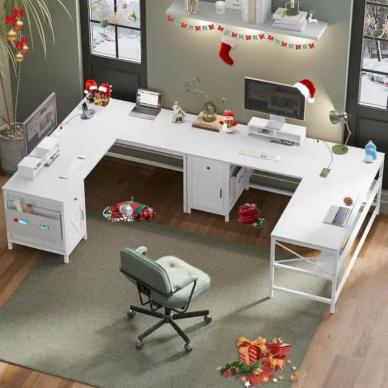 Convertible L-Shaped / Straight Computer Desk with Drawer, Cabinet, Bookshelf and Power Strip – Grey / Brown, 1-2 Person Use