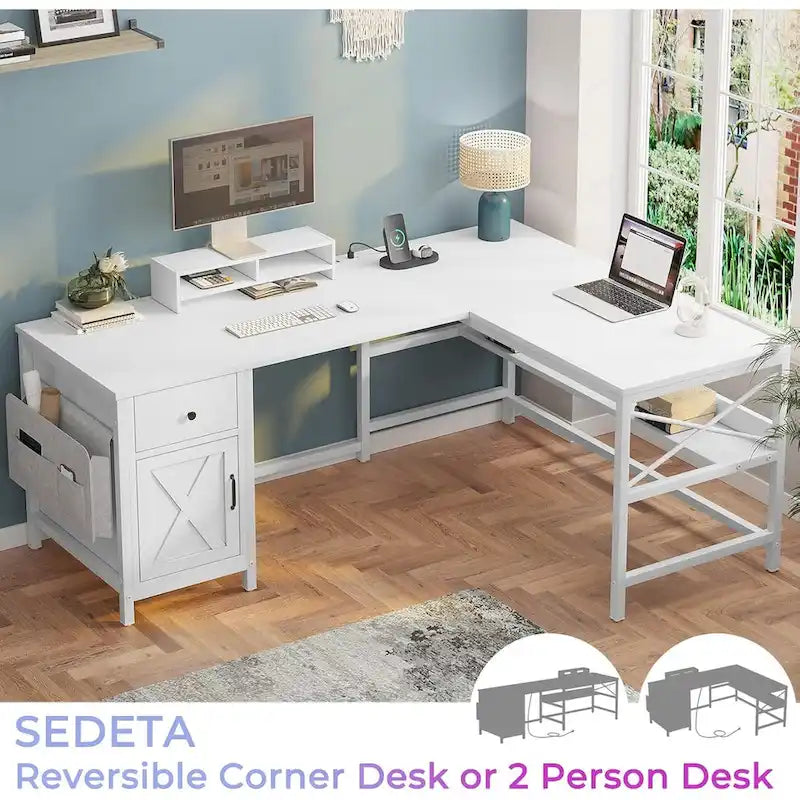Convertible L-Shaped / Straight Computer Desk with Drawer, Cabinet, Bookshelf and Power Strip – Grey / Brown, 1-2 Person Use