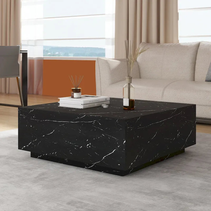 Square Faux Marble Coffee Table with MDF Frame – White / Black, 1-Unit
