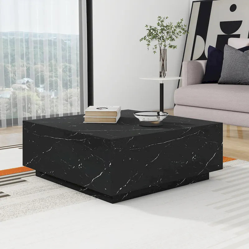 Square Faux Marble Coffee Table with MDF Frame – White / Black, 1-Unit