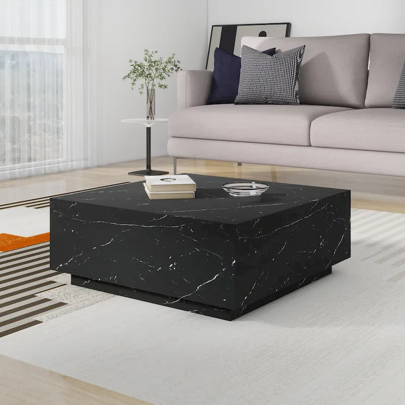 Square Faux Marble Coffee Table with MDF Frame – White / Black, 1-Unit