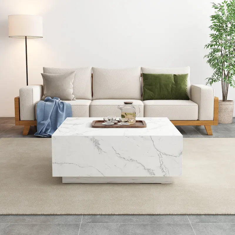 Square Faux Marble Coffee Table with MDF Frame – White / Black, 1-Unit