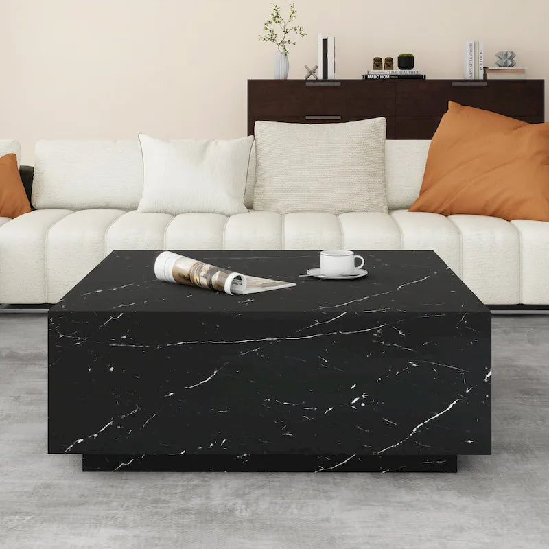 Square Faux Marble Coffee Table with MDF Frame – White / Black, 1-Unit