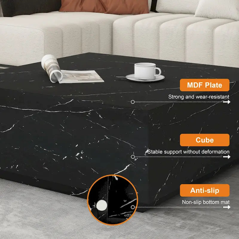 Square Faux Marble Coffee Table with MDF Frame – White / Black, 1-Unit