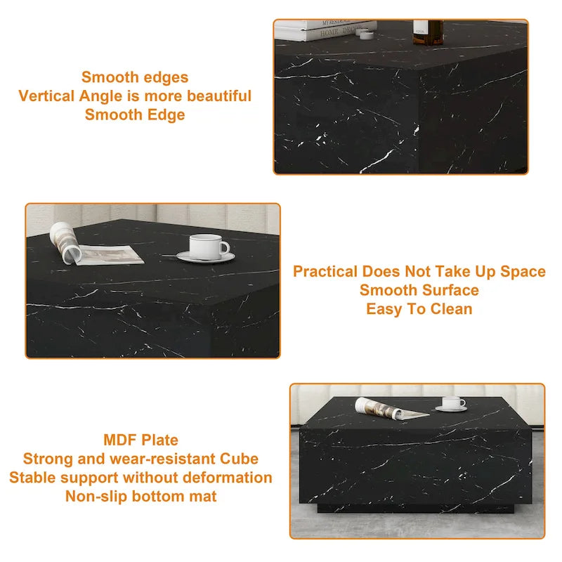 Square Faux Marble Coffee Table with MDF Frame – White / Black, 1-Unit