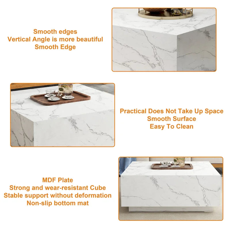 Square Faux Marble Coffee Table with MDF Frame – White / Black, 1-Unit