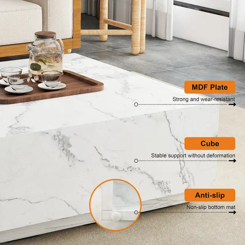 Square Faux Marble Coffee Table with MDF Frame – White / Black, 1-Unit