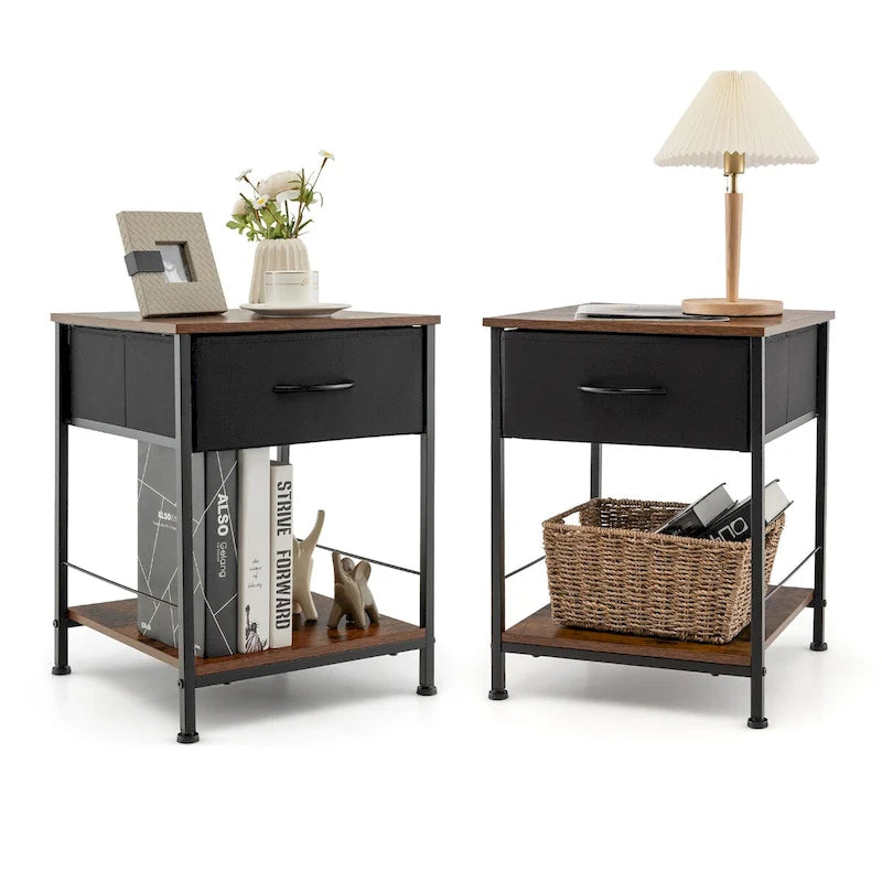 2-Tier Industrial Nightstand with Foldable Drawer and Open Shelf – Industrial Brown, Set of 2