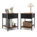 2-Tier Industrial Nightstand with Foldable Drawer and Open Shelf – Industrial Brown, Set of 2