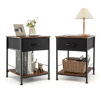 2-Tier Industrial Nightstand with Foldable Drawer and Open Shelf – Industrial Brown, Set of 2