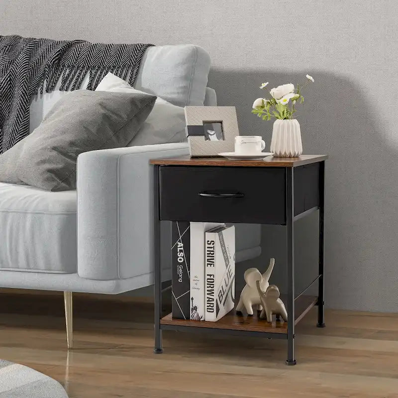 2-Tier Industrial Nightstand with Foldable Drawer and Open Shelf – Industrial Brown, Set of 2