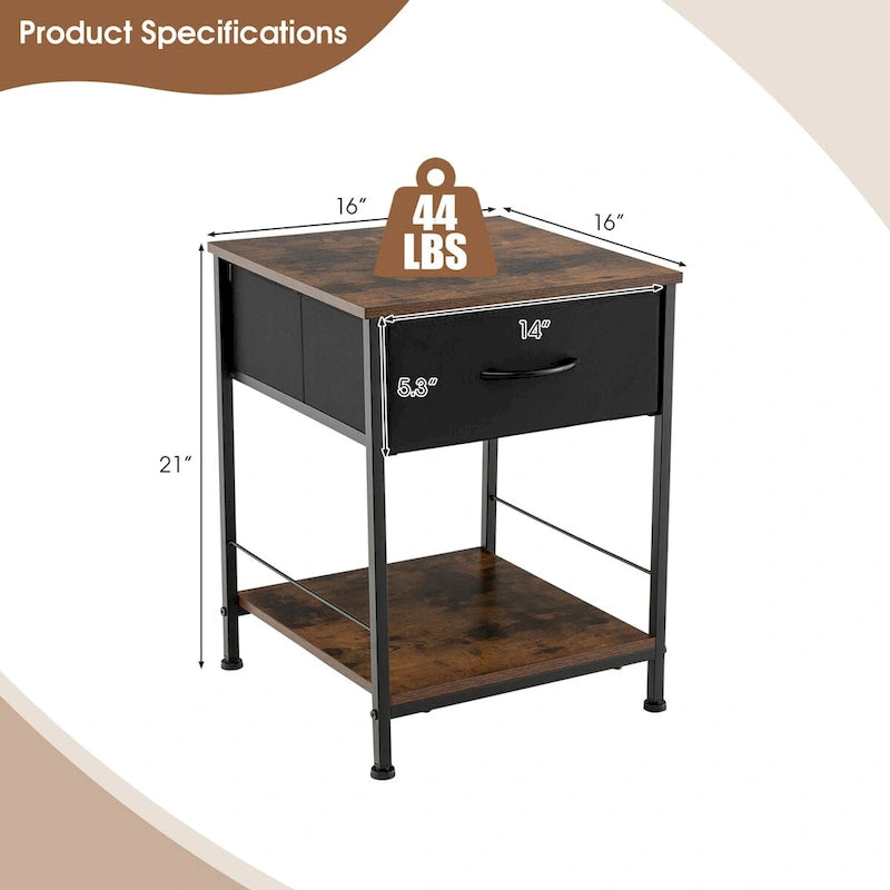 2-Tier Industrial Nightstand with Foldable Drawer and Open Shelf – Industrial Brown, Set of 2
