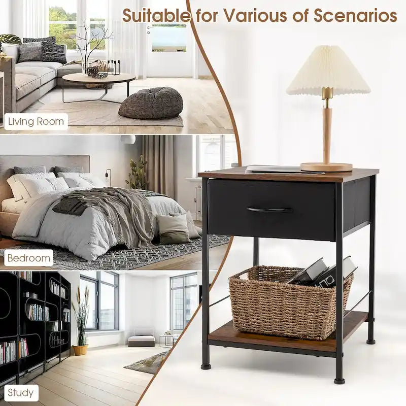 2-Tier Industrial Nightstand with Foldable Drawer and Open Shelf – Industrial Brown, Set of 2