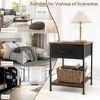 2-Tier Industrial Nightstand with Foldable Drawer and Open Shelf – Industrial Brown, Set of 2