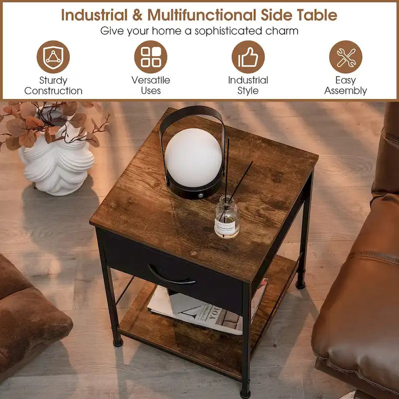 2-Tier Industrial Nightstand with Foldable Drawer and Open Shelf – Industrial Brown, Set of 2