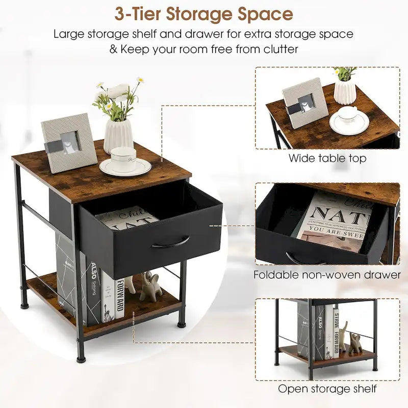 2-Tier Industrial Nightstand with Foldable Drawer and Open Shelf – Industrial Brown, Set of 2