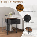 2-Tier Industrial Nightstand with Foldable Drawer and Open Shelf – Industrial Brown, Set of 2