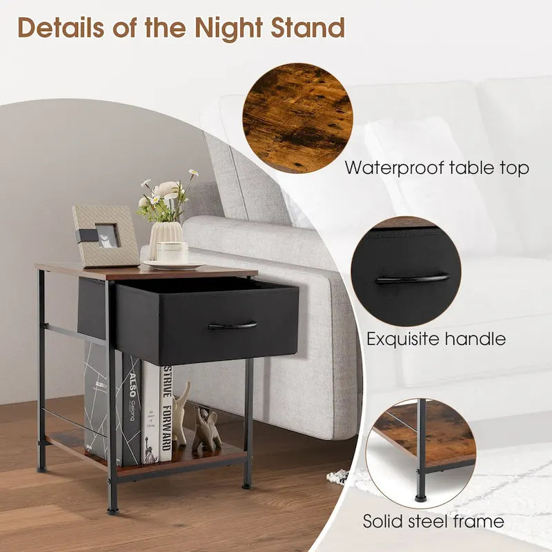 2-Tier Industrial Nightstand with Foldable Drawer and Open Shelf – Industrial Brown, Set of 2